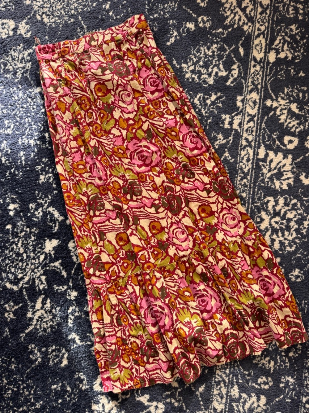 RAPSODIA Pink Green Floral Maxi Skirt Size S High Rise Zip Cotton Pleated Women